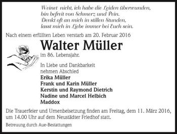 Traueranzeige von Walter Müller  von Magdeburger Volksstimme