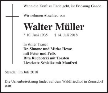 Traueranzeige von Walter Müller  von Magdeburger Volksstimme