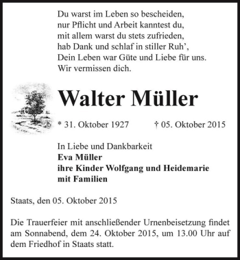 Traueranzeige von Walter Müller  von Magdeburger Volksstimme