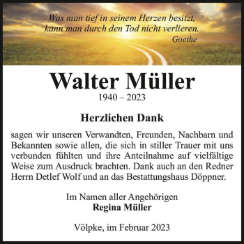 Traueranzeige von Walter Müller  von Magdeburger Volksstimme