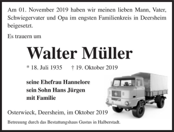 Traueranzeige von Walter Müller  von Magdeburger Volksstimme
