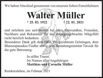 Traueranzeige von Walter Müller  von Magdeburger Volksstimme