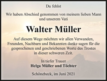 Traueranzeige von Walter Müller  von Magdeburger Volksstimme