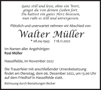Traueranzeige von Walter Müller  von Magdeburger Volksstimme