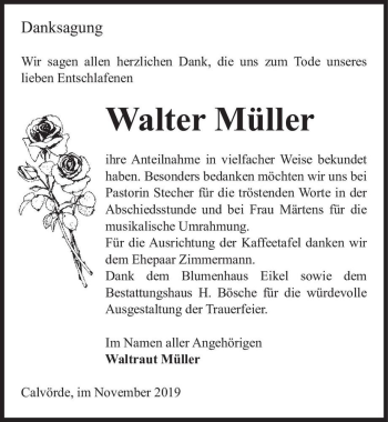 Traueranzeige von Walter Müller  von Magdeburger Volksstimme