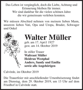 Traueranzeige von Walter Müller  von Magdeburger Volksstimme