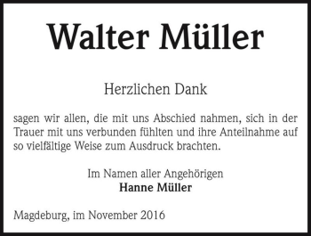 Traueranzeige von Walter Müller  von Magdeburger Volksstimme