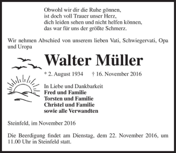 Traueranzeige von Walter Müller  von Magdeburger Volksstimme