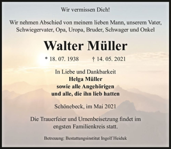 Traueranzeige von Walter Müller  von Magdeburger Volksstimme