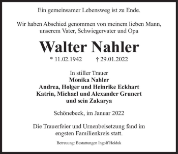 Traueranzeige von Walter Nahler  von Magdeburger Volksstimme