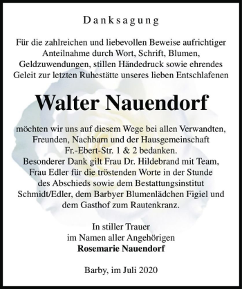 Traueranzeige von Walter Nauendorf  von Magdeburger Volksstimme
