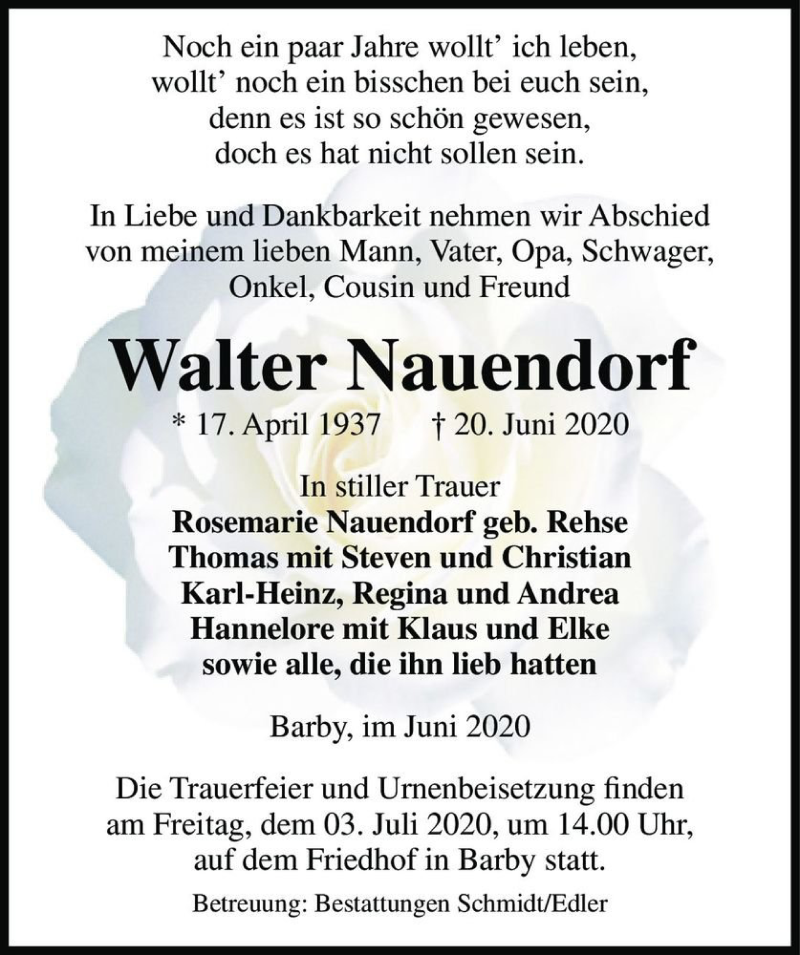  Traueranzeige für Walter Nauendorf  vom 27.06.2020 aus Magdeburger Volksstimme