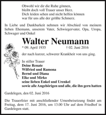 Traueranzeige von Walter Neumann  von Magdeburger Volksstimme