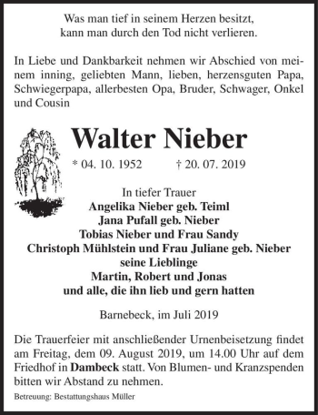 Traueranzeige von Walter Nieber  von Magdeburger Volksstimme