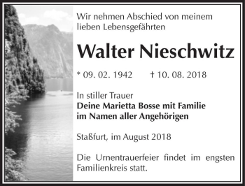 Traueranzeige von Walter Nieschwitz  von Magdeburger Volksstimme