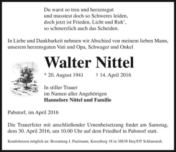 Traueranzeige von Walter Nittel  von Magdeburger Volksstimme
