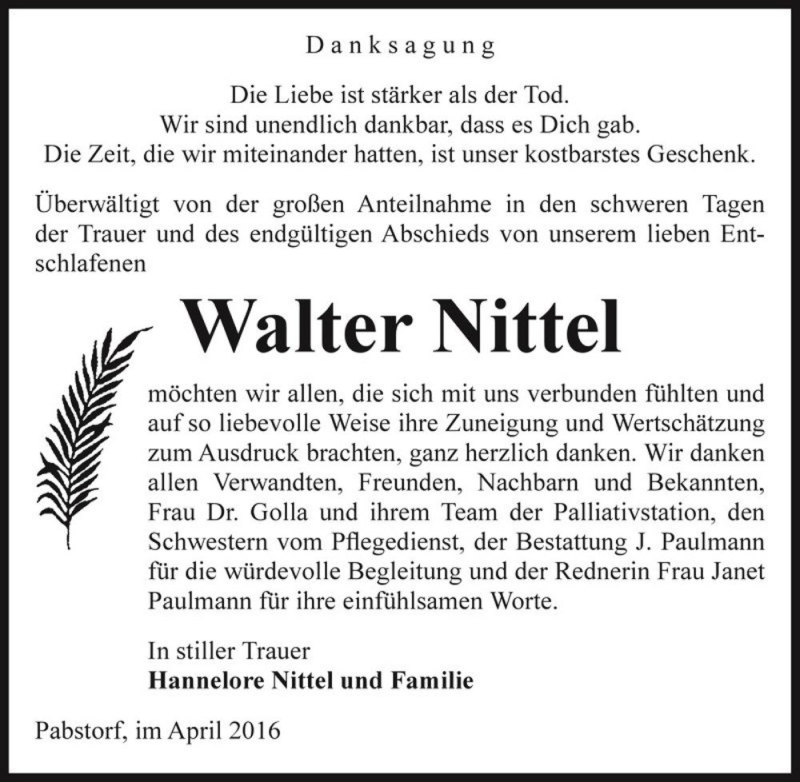  Traueranzeige für Walter Nittel  vom 07.05.2016 aus Magdeburger Volksstimme