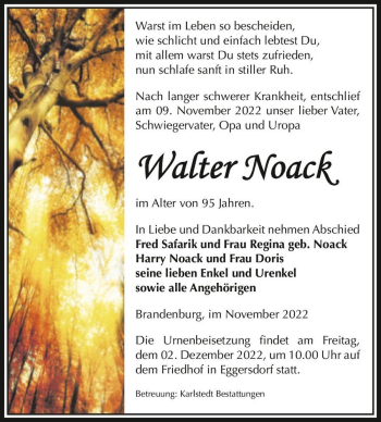 Traueranzeige von Walter Noack  von Magdeburger Volksstimme