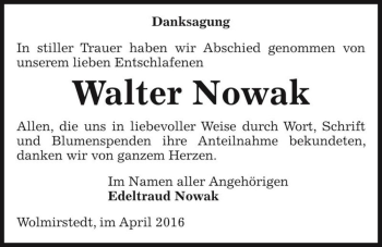 Traueranzeige von Walter Nowak  von Magdeburger Volksstimme