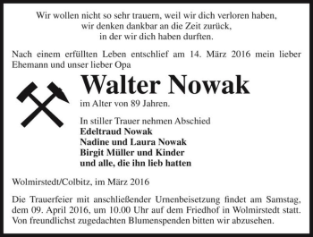 Traueranzeige von Walter Nowak  von Magdeburger Volksstimme