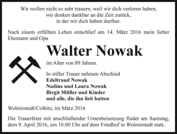 Traueranzeige von Walter Nowak  von Magdeburger Volksstimme