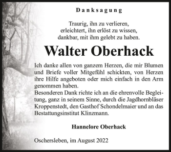 Traueranzeige von Walter Oberhack  von Magdeburger Volksstimme
