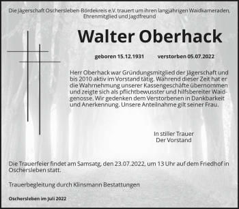 Traueranzeige von Walter Oberhack  von Magdeburger Volksstimme