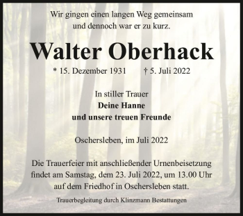 Traueranzeige von Walter Oberhack  von Magdeburger Volksstimme