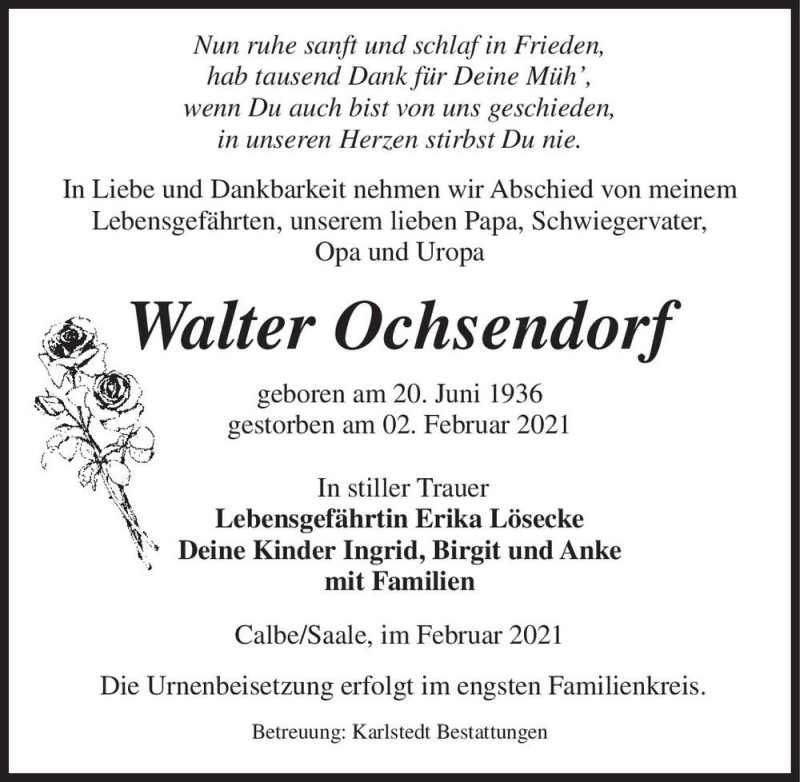  Traueranzeige für Walter Ochsendorf  vom 06.02.2021 aus Magdeburger Volksstimme