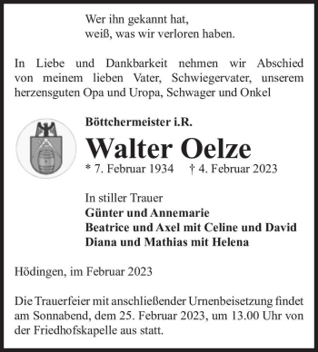Traueranzeige von Walter Oelze  von Magdeburger Volksstimme