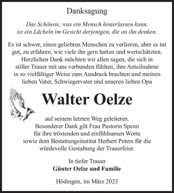 Traueranzeige von Walter Oelze  von Magdeburger Volksstimme