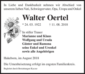 Traueranzeige von Walter Oertel  von Magdeburger Volksstimme