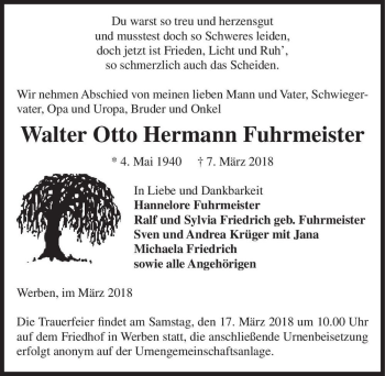 Traueranzeige von Walter Otto Hermann Fuhrmeister  von Magdeburger Volksstimme