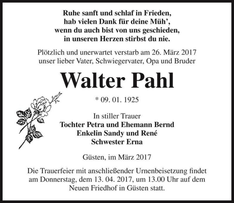 Traueranzeige für Walter Pahl  vom 01.04.2017 aus Magdeburger Volksstimme
