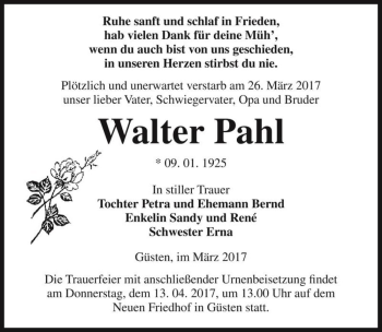 Traueranzeige von Walter Pahl  von Magdeburger Volksstimme