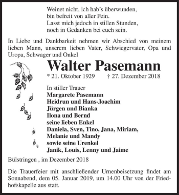 Traueranzeige von Walter Pasemann  von Magdeburger Volksstimme