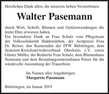 Traueranzeige von Walter Pasemann  von Magdeburger Volksstimme