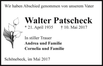 Traueranzeige von Walter Patscheck  von Magdeburger Volksstimme