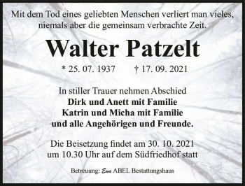 Traueranzeige von Walter Patzelt  von Magdeburger Volksstimme