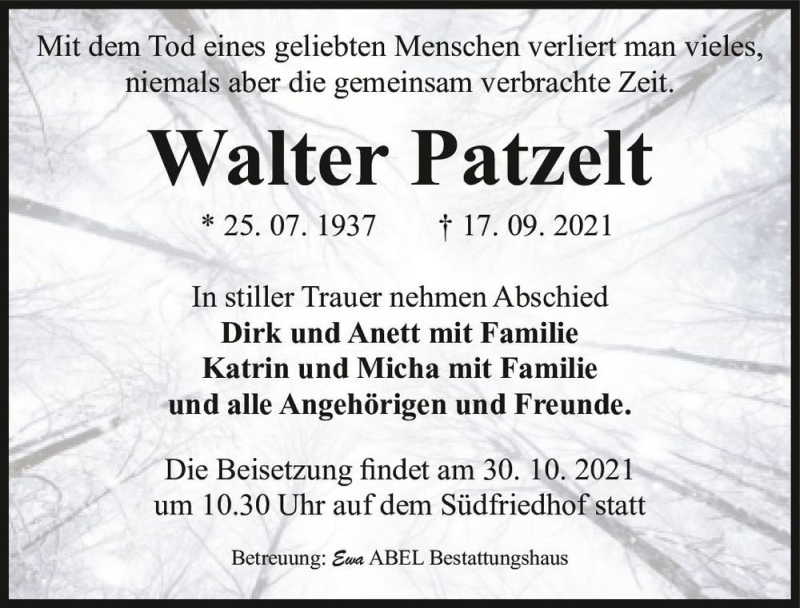  Traueranzeige für Walter Patzelt  vom 23.10.2021 aus Magdeburger Volksstimme