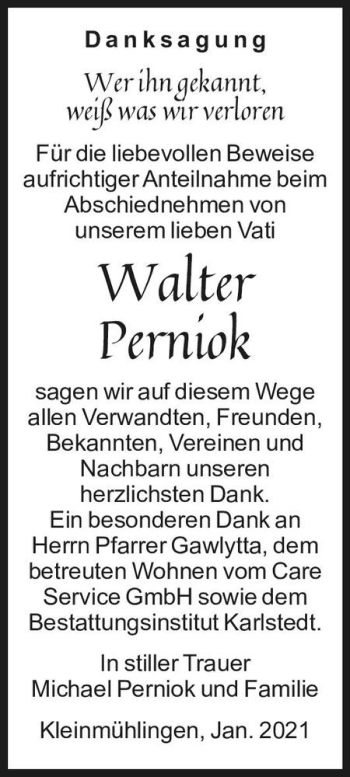 Traueranzeige von Walter Perniok  von Magdeburger Volksstimme
