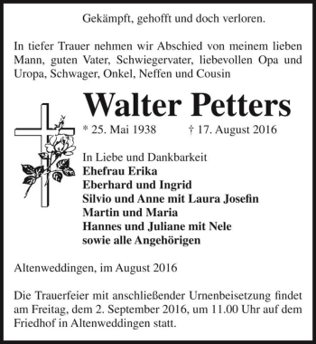 Traueranzeige von Walter Petters  von Magdeburger Volksstimme