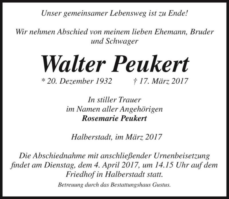  Traueranzeige für Walter Peukert  vom 25.03.2017 aus Magdeburger Volksstimme