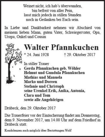 Traueranzeige von Walter Pfannkuchen  von Magdeburger Volksstimme