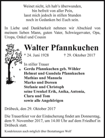 Traueranzeige von Walter Pfannkuchen  von Magdeburger Volksstimme