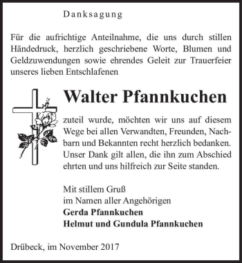 Traueranzeige von Walter Pfannkuchen  von Magdeburger Volksstimme