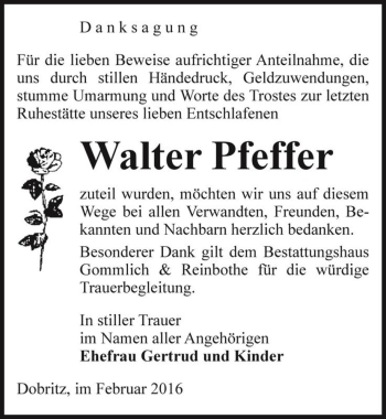 Traueranzeige von Walter Pfeffer  von Magdeburger Volksstimme