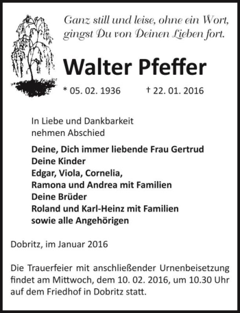 Traueranzeige von Walter Pfeffer  von Magdeburger Volksstimme