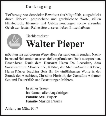 Traueranzeige von Walter Pieper  von Magdeburger Volksstimme