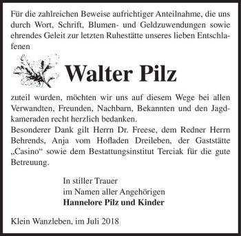 Traueranzeige von Walter Pilz  von Magdeburger Volksstimme